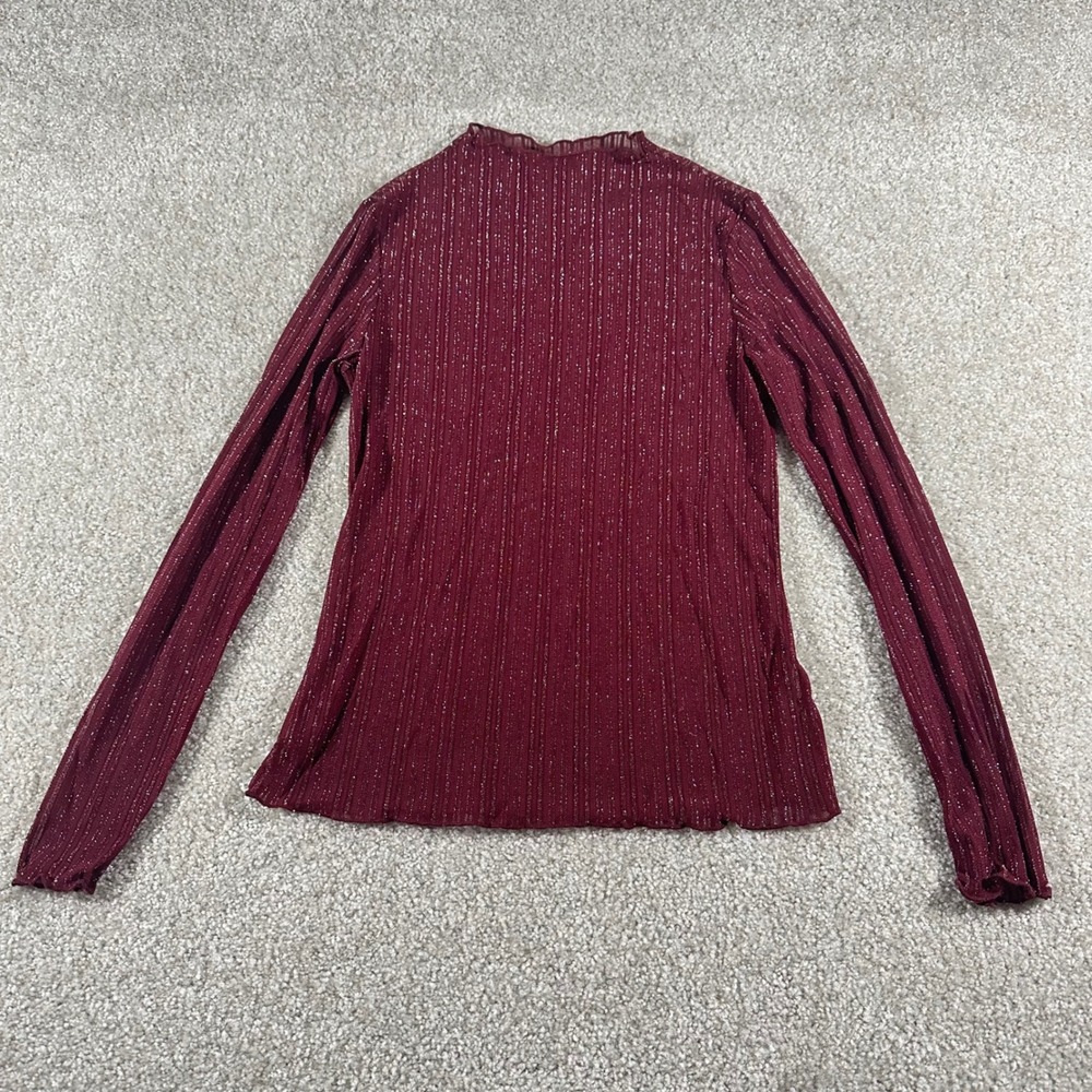 Sheer Burgundy Metallic Shimmer Mesh Long Sleeve Mock Neck Lettuce Edge Top sz S